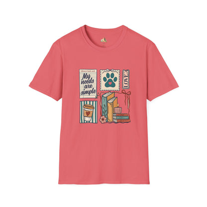 T-Shirt — "My Needs Are Simple" Book & Paw Graphic Tee