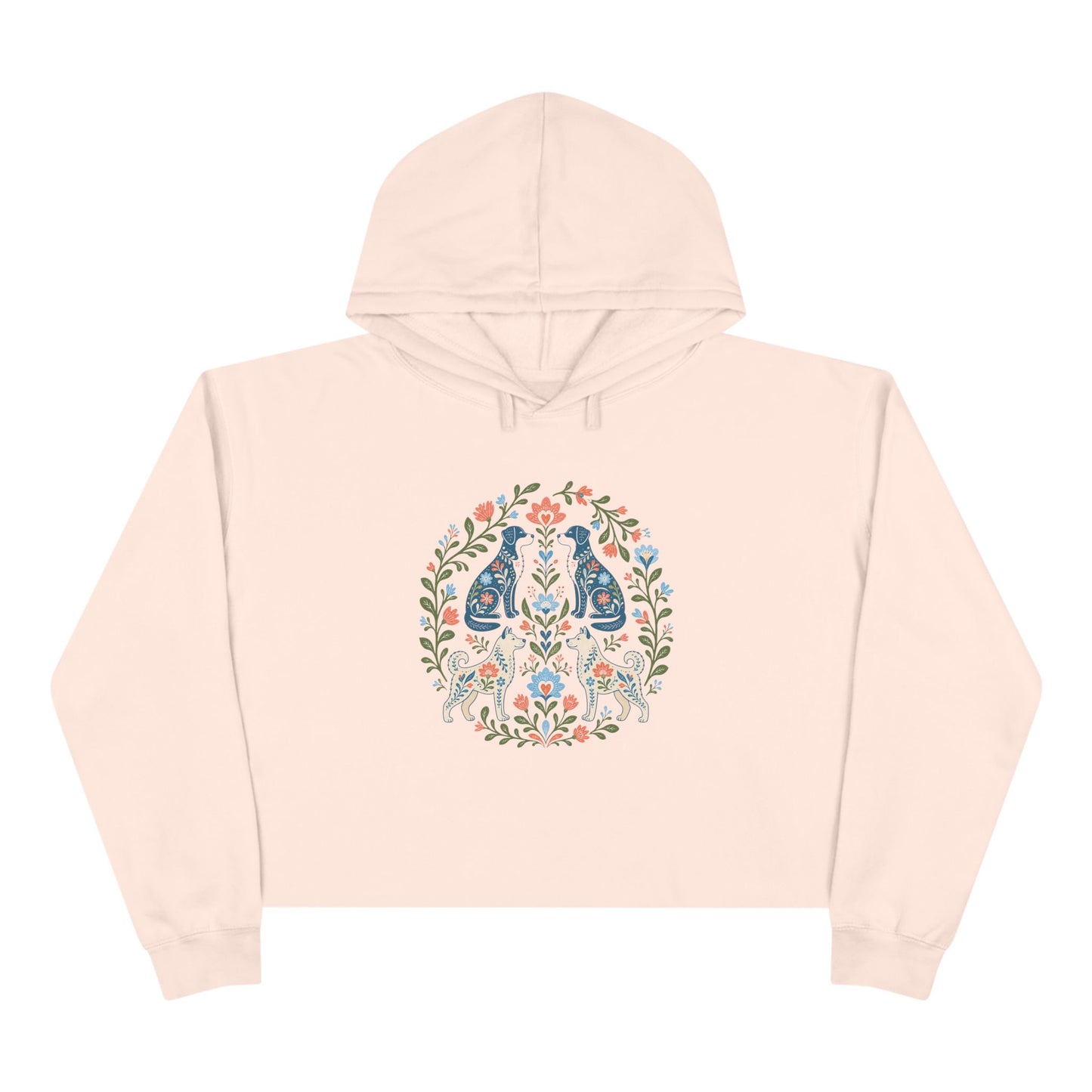 Floral Folk Art Crop Hoodie — Symmetrical Rabbit & Floral Circle Design