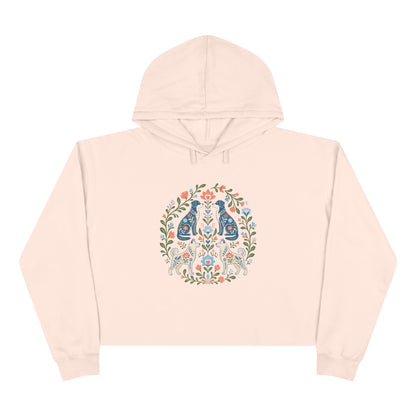 Floral Folk Art Crop Hoodie — Symmetrical Rabbit & Floral Circle Design