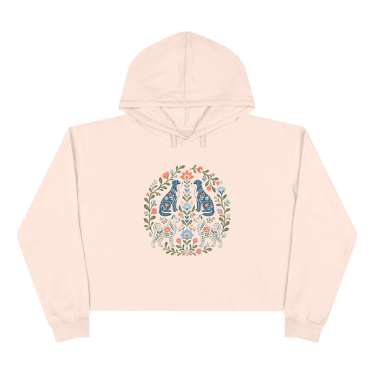 Floral Folk Art Crop Hoodie — Symmetrical Rabbit & Floral Circle Design