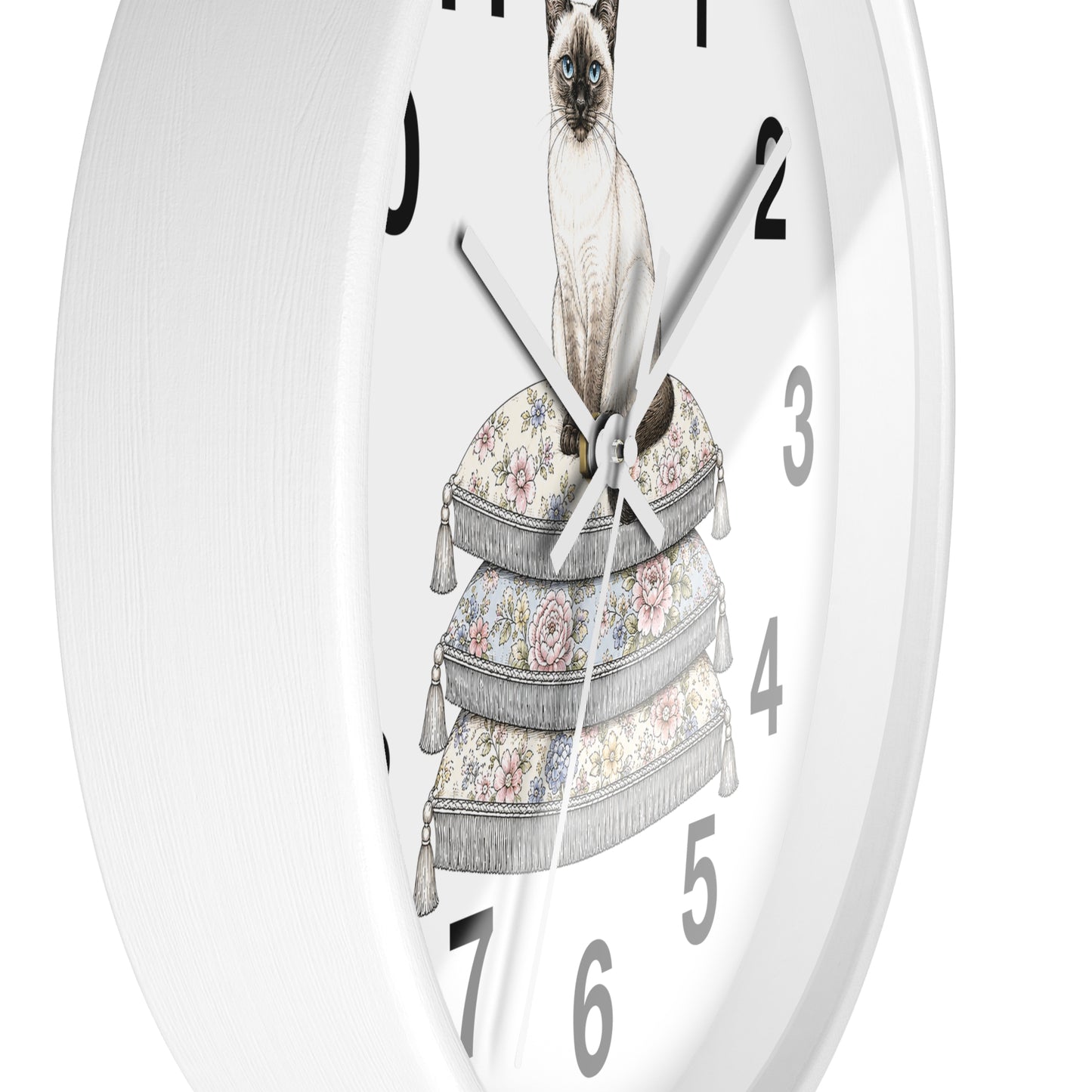 Siamese Cat on Stacked Cushions Wall Clock | Floral Pillow Illustration