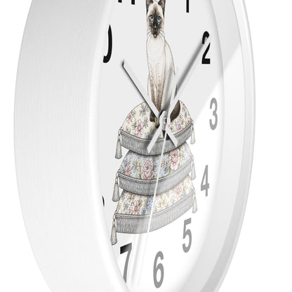 Siamese Cat on Stacked Cushions Wall Clock | Floral Pillow Illustration