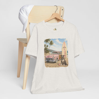 Vintage Beach Surf T‑Shirt — Retro Car, Surfboard & Dog Graphic