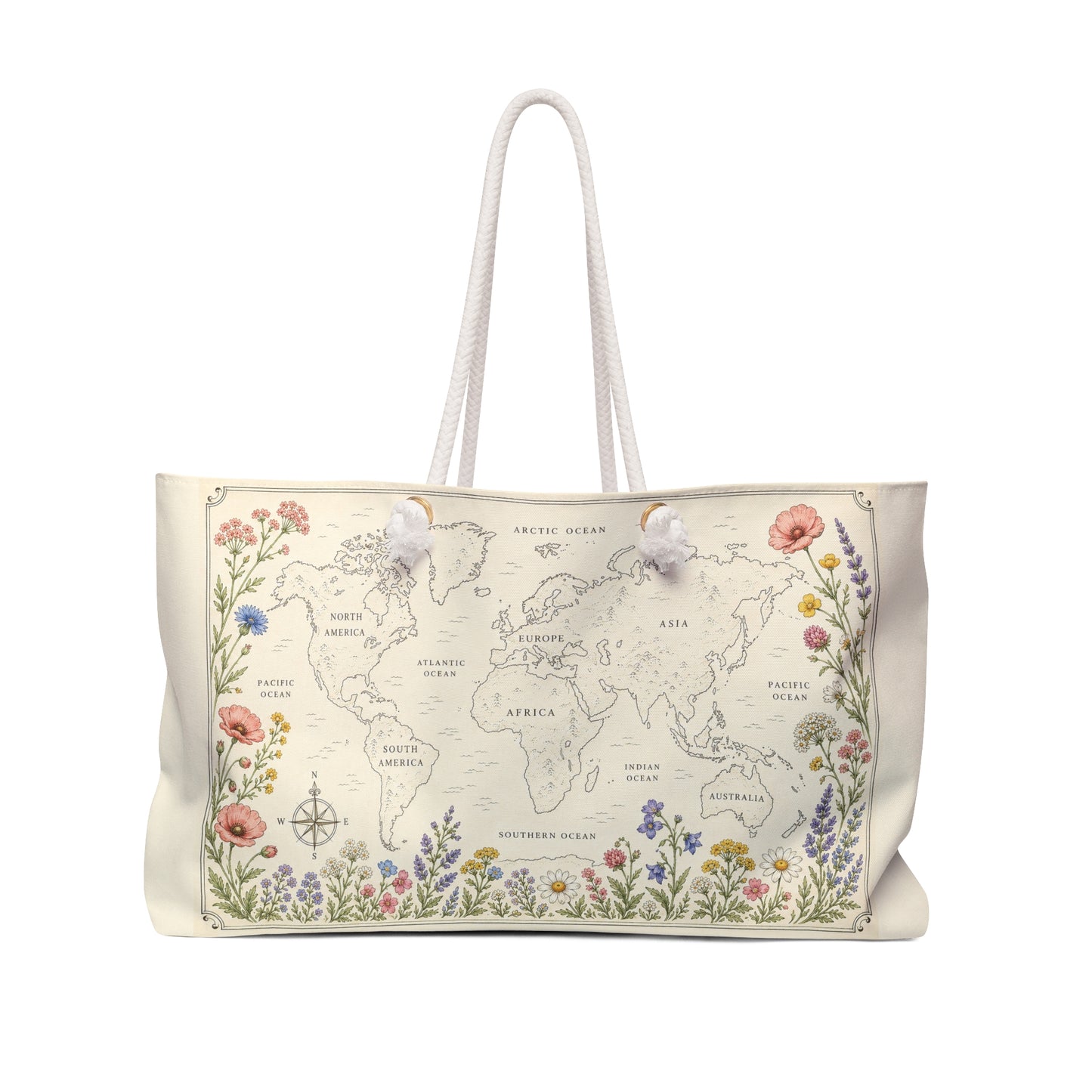 Floral World Map Weekender Bag — Vintage Botanical Travel Tote