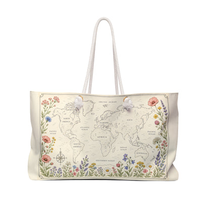 Floral World Map Weekender Bag — Vintage Botanical Travel Tote