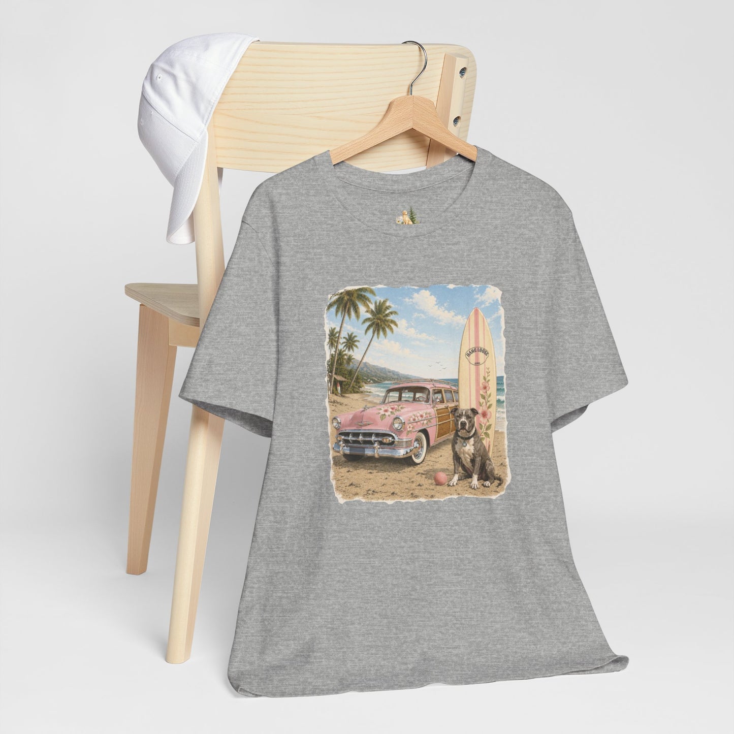 Vintage Beach Surf T‑Shirt — Retro Car, Surfboard & Dog Graphic