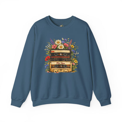 Retro Cassette Floral Sweatshirt — Vintage Tape Player Crewneck