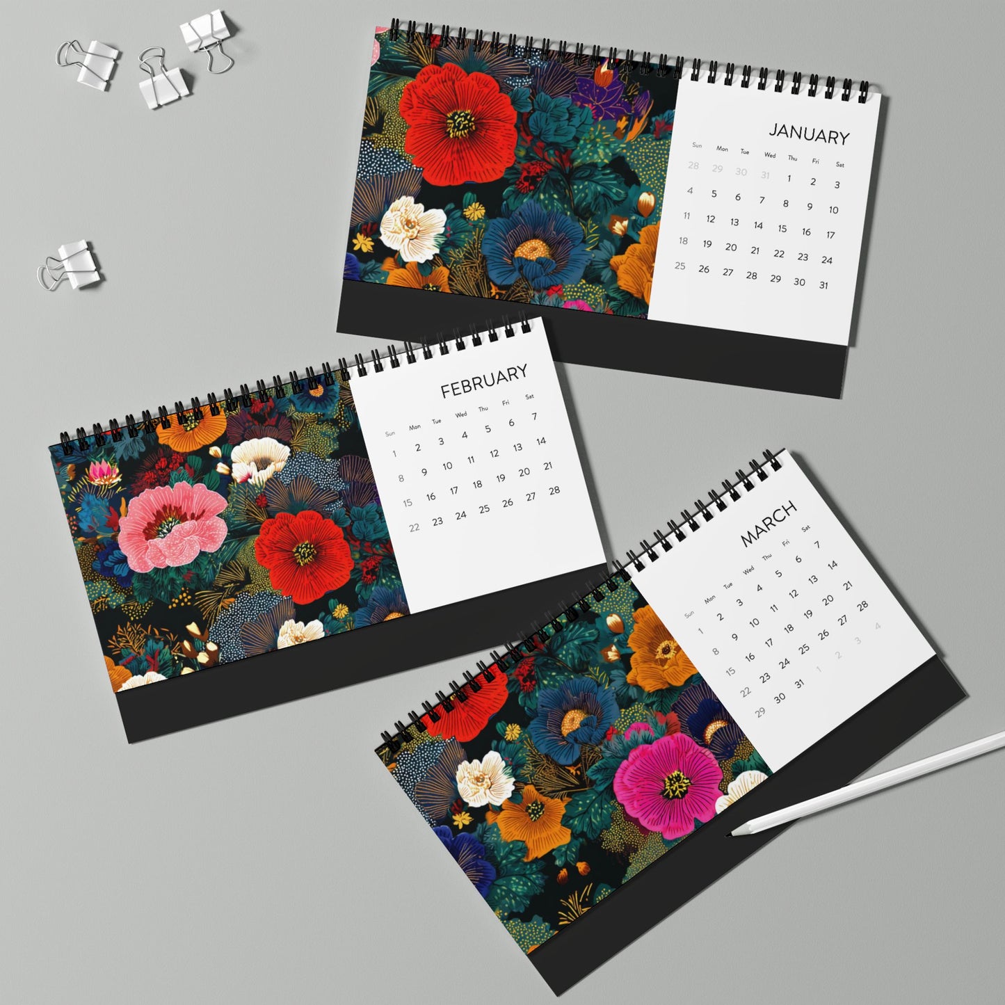 2026 Floral Desk Calendar — Colorful Botanical Desktop Planner (Grid Dates)