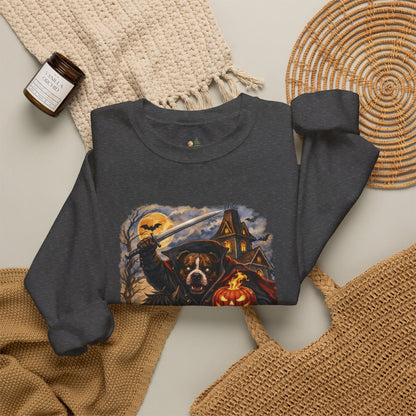 Unisex Halloween Pit Bull Headless Horseman Crewneck Sweatshirt ~ What Tails Lurk Behind The Pines