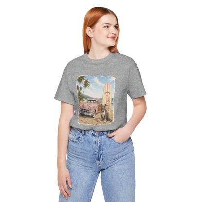 Vintage Beach Surf T‑Shirt — Retro Car, Surfboard & Dog Graphic