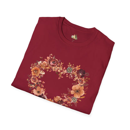 Floral Heart Tee — Women's Heart Wreath Graphic T-Shirt, Romantic Floral Gift