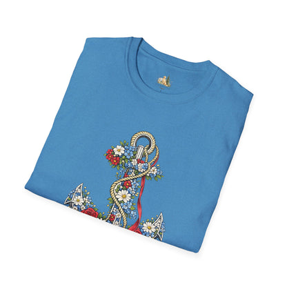 Floral Anchor Illustration T-Shirt Nautical Anchor with Roses (Light Weight, Ultra Soft T-Shirt)