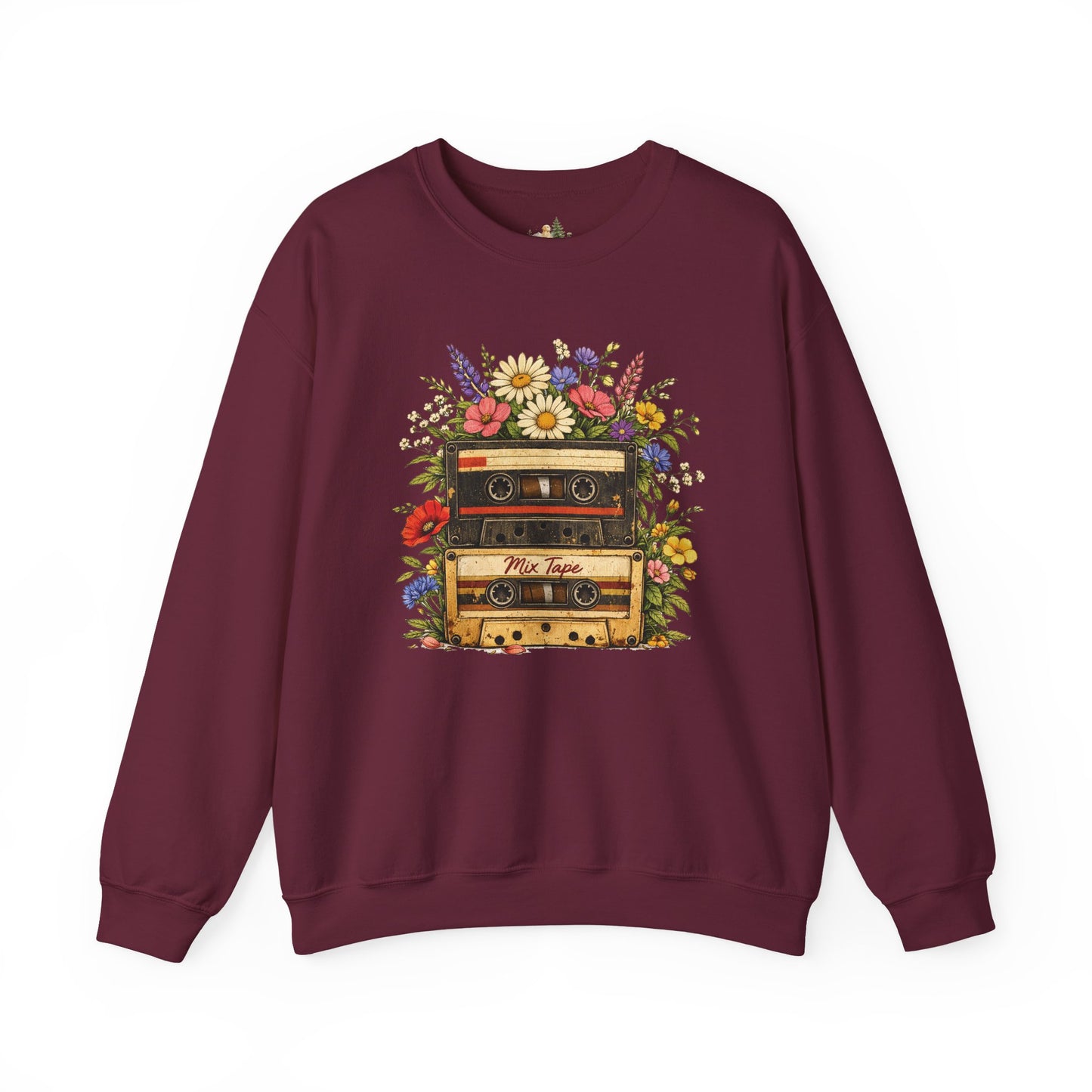 Retro Cassette Floral Sweatshirt — Vintage Tape Player Crewneck