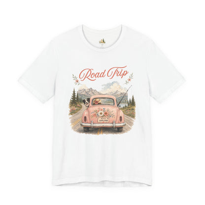 Road Trip Vintage Car T-Shirt — Retro Floral Scenic Drive Tee