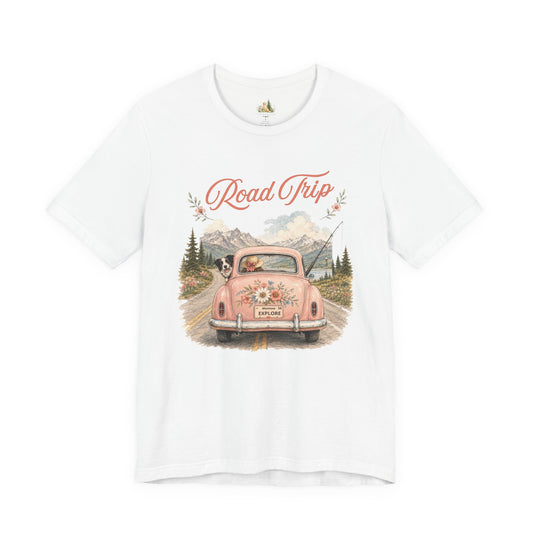Road Trip Vintage Car T-Shirt — Retro Floral Scenic Drive Tee