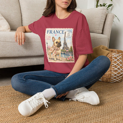 French Bulldog Postage Stamp T-Shirt | Eiffel Tower Paris Design (Light Weight, Ultra Soft Tee)