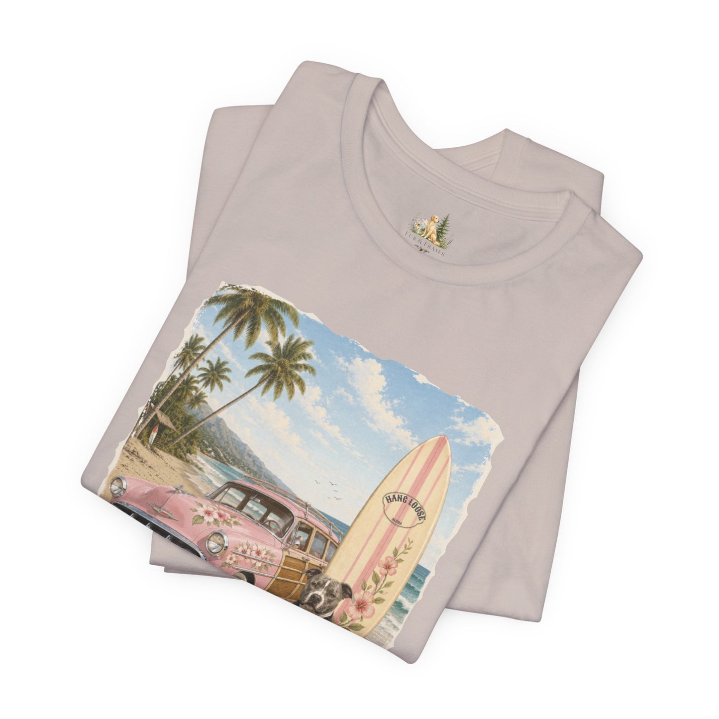 Vintage Beach Surf T‑Shirt — Retro Car, Surfboard & Dog Graphic