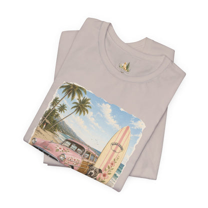 Vintage Beach Surf T‑Shirt — Retro Car, Surfboard & Dog Graphic