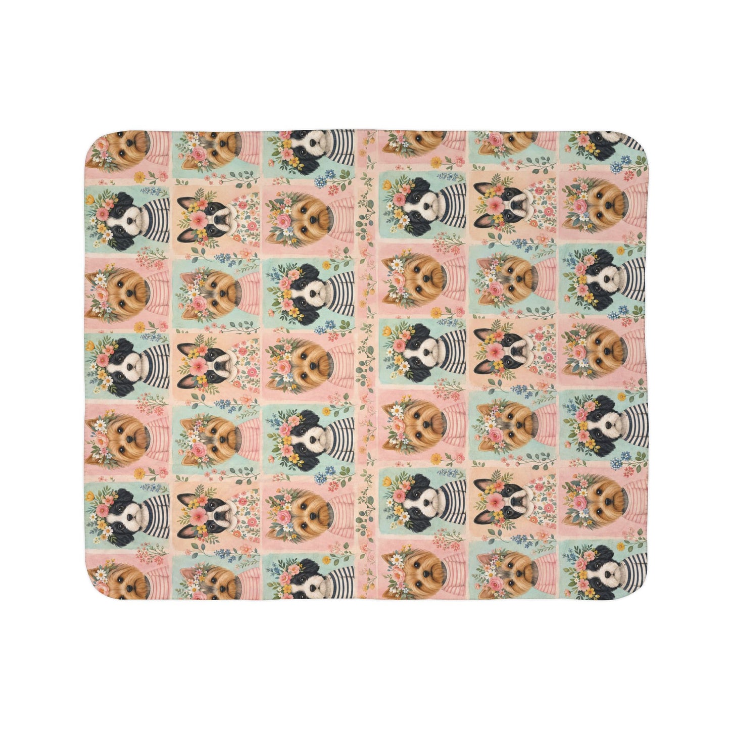 Pet Portrait Sherpa Dog Blanket — Floral Yorkie & Shih Tzu Pattern, Cozy Fleece Throw 50x60"