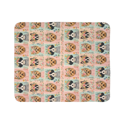 Pet Portrait Sherpa Dog Blanket — Floral Yorkie & Shih Tzu Pattern, Cozy Fleece Throw 50x60"