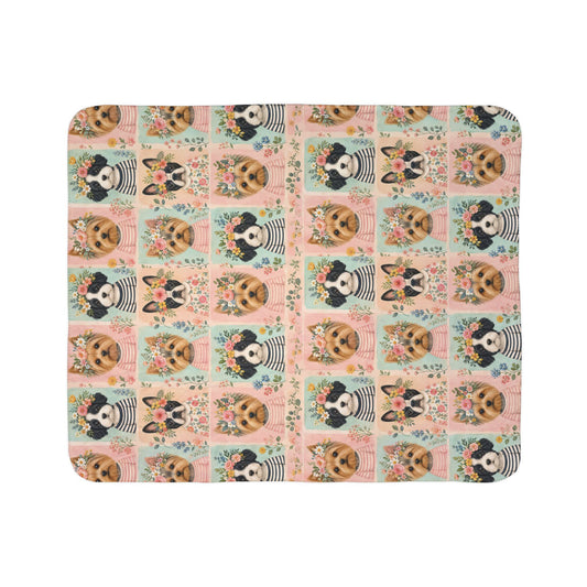 Pet Portrait Sherpa Dog Blanket — Floral Yorkie & Shih Tzu Pattern, Cozy Fleece Throw 50x60"