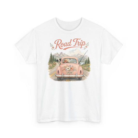 Road Trip Vintage Car T-Shirt — Retro Floral Scenic Drive Tee ( Heavy Weight Tee)