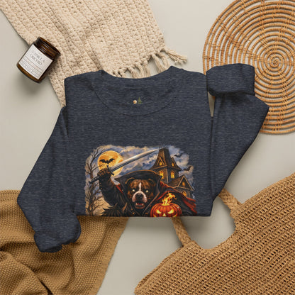 Unisex Halloween Pit Bull Headless Horseman Crewneck Sweatshirt ~ What Tails Lurk Behind The Pines