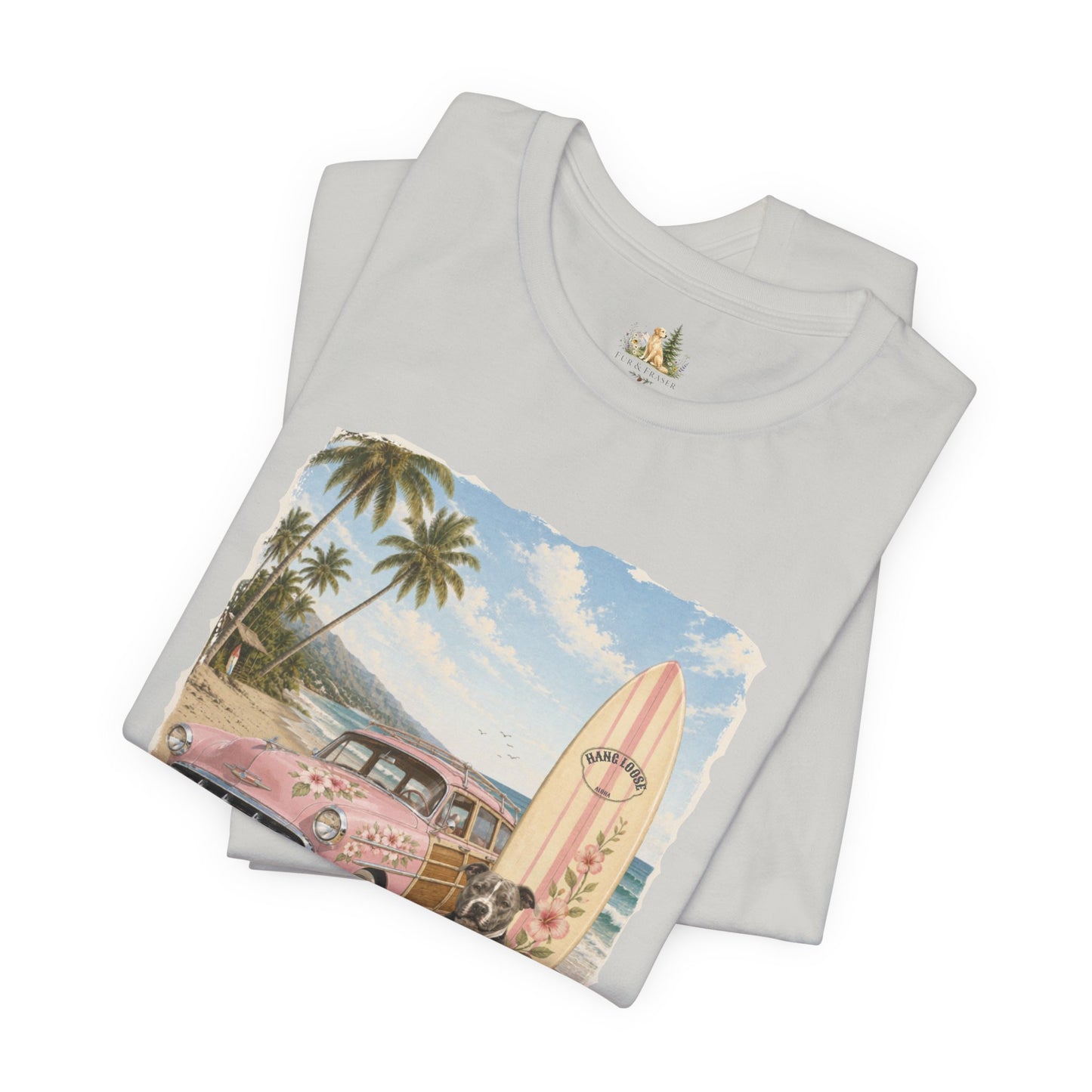 Vintage Beach Surf T‑Shirt — Retro Car, Surfboard & Dog Graphic