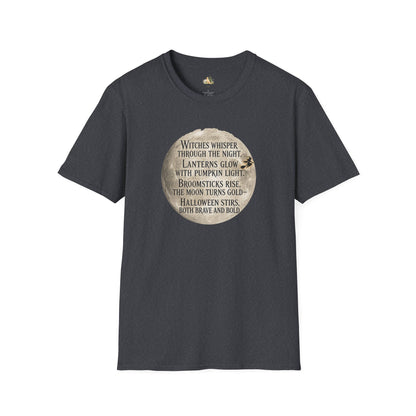 Halloween Poem T-Shirt — "Witches whisper through the night" Moon Graphic