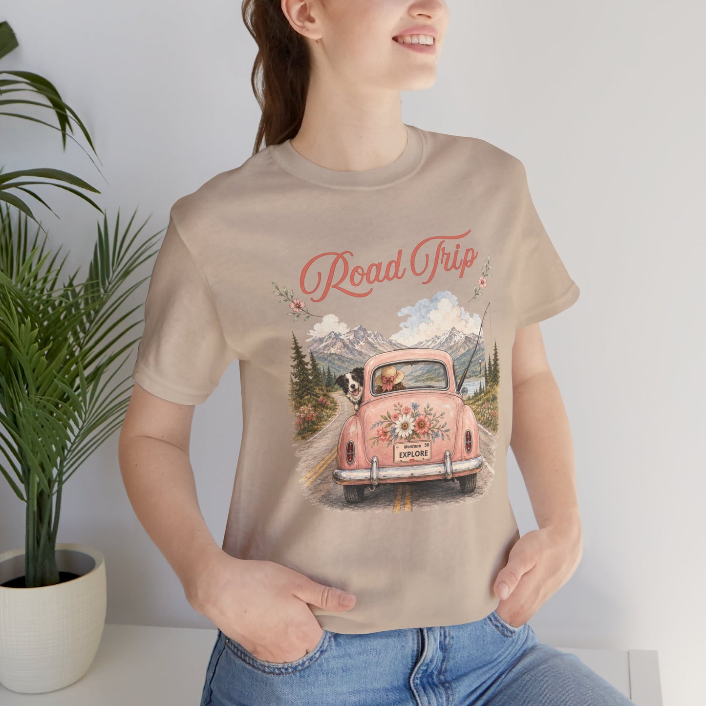 Road Trip Vintage Car T-Shirt — Retro Floral Scenic Drive Tee
