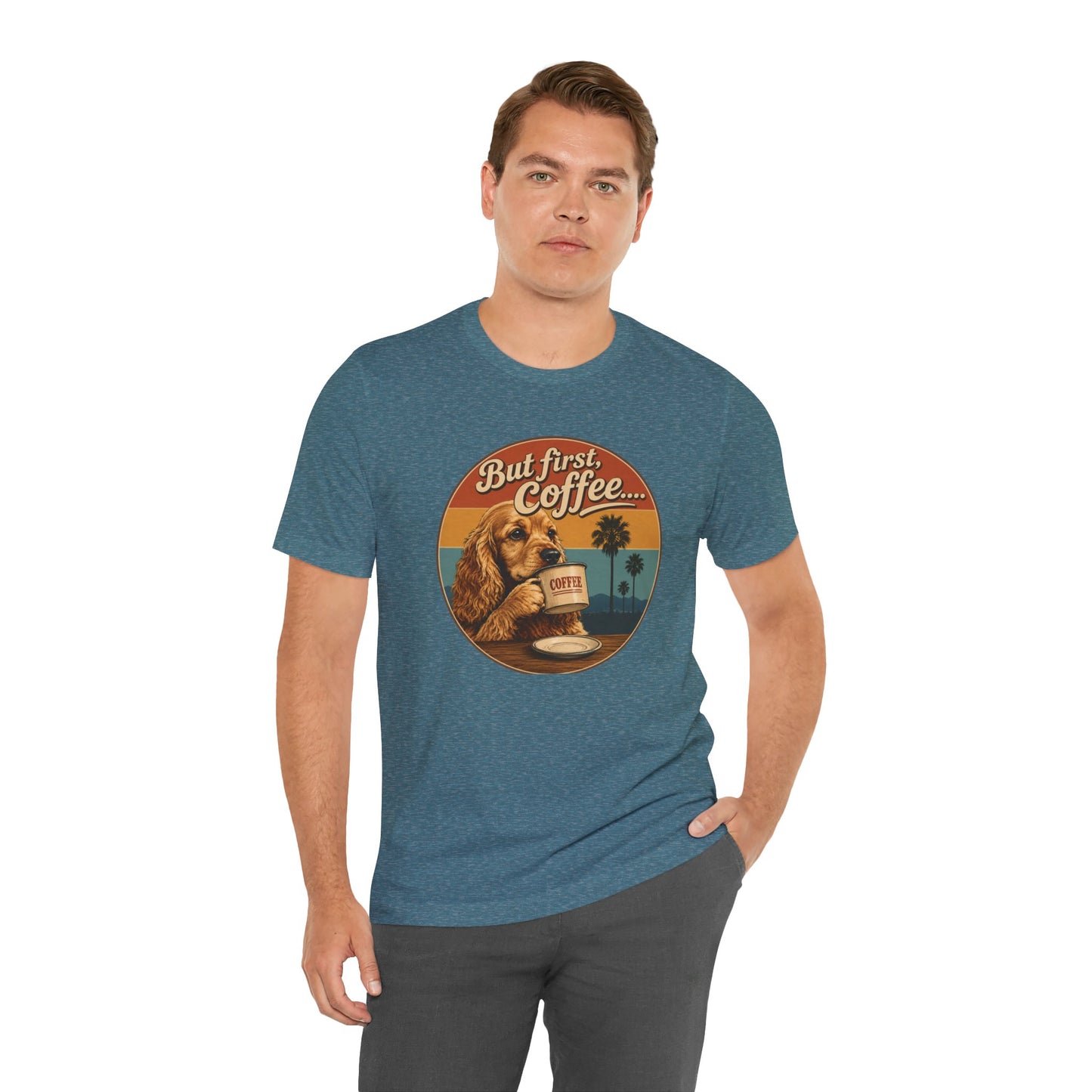 Men's But First Coffee Dog Tee — Retro Palm Tree Coffee Lover T-Shirt