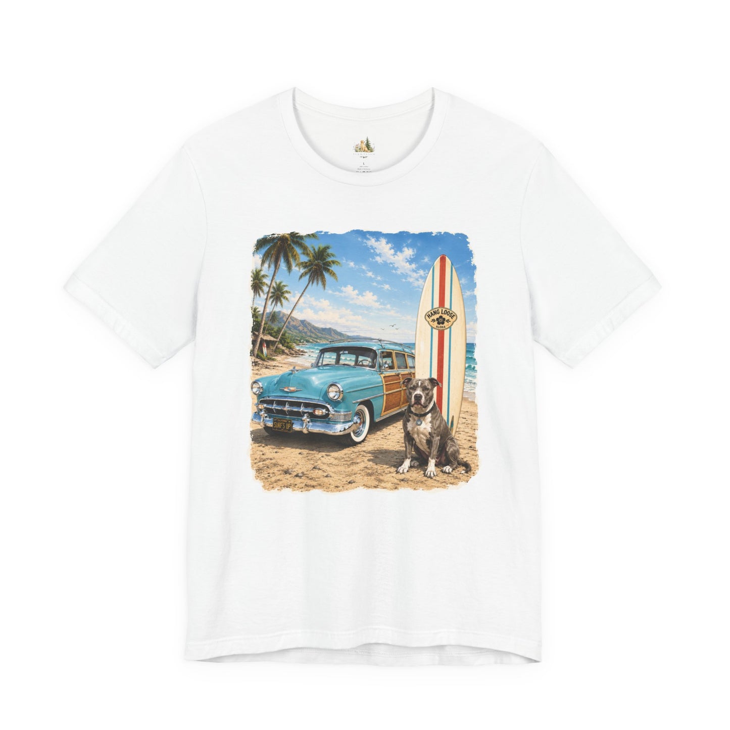 Men's Retro Beach Surf T-Shirt – Vintage Car, Surfboard & Palm Tree Graphic