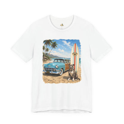 Men's Retro Beach Surf T-Shirt – Vintage Car, Surfboard & Palm Tree Graphic