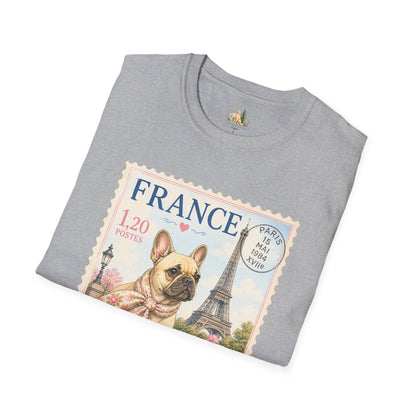 French Bulldog Postage Stamp T-Shirt | Eiffel Tower Paris Design (Light Weight, Ultra Soft Tee)