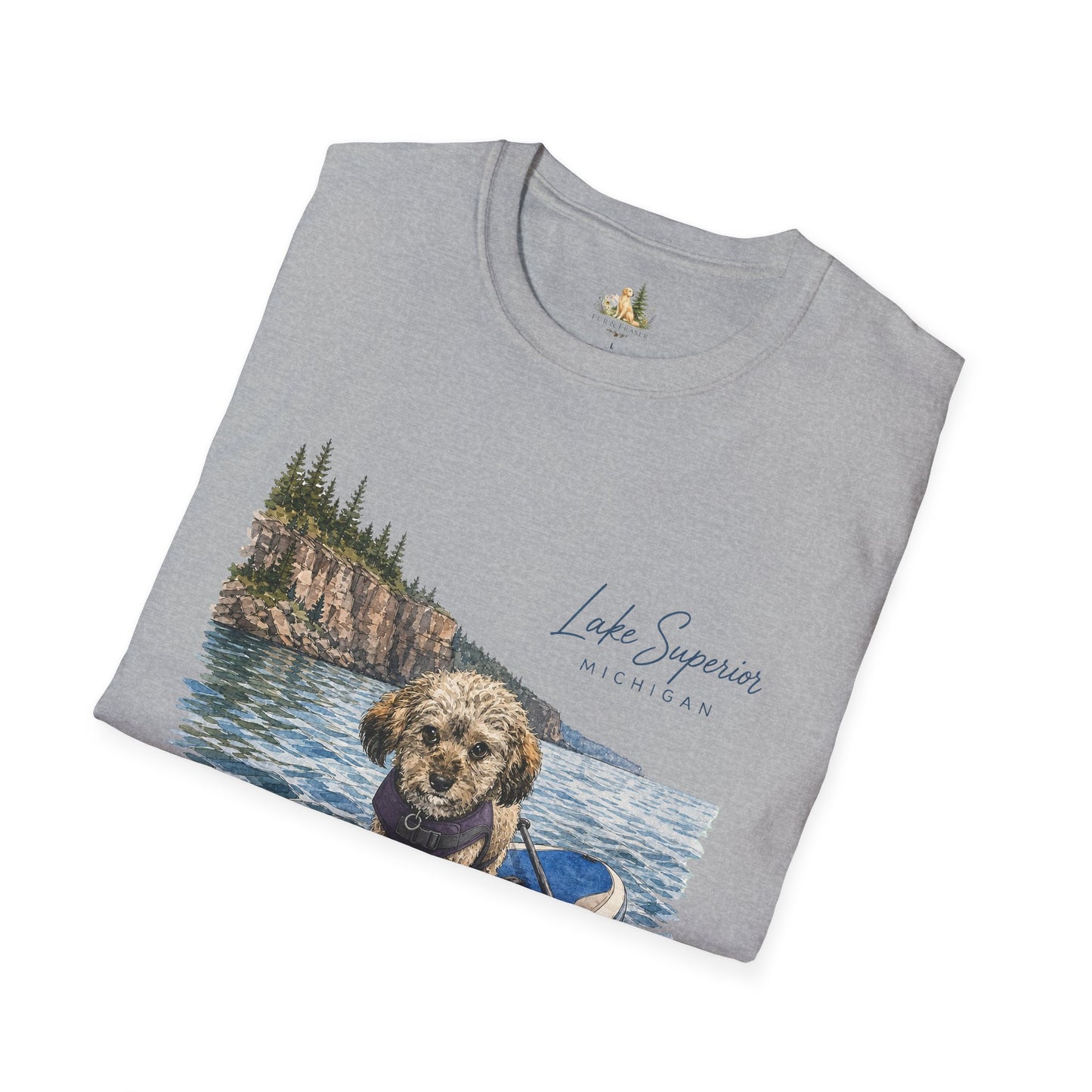 T-Shirt — Lake Superior Michigan Dog Paddleboard Graphic (Light Weight, Ultra Soft Tee)