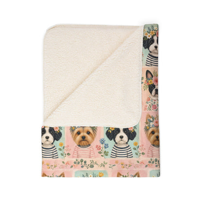 Pet Portrait Sherpa Dog Blanket — Floral Yorkie & Shih Tzu Pattern, Cozy Fleece Throw 50x60"