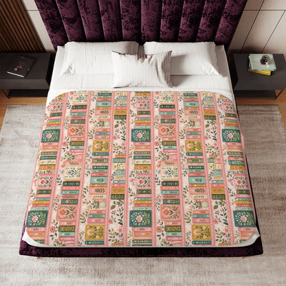 Vintage Floral Bookstack Sherpa Blanket — Cozy Pink Library Pattern
