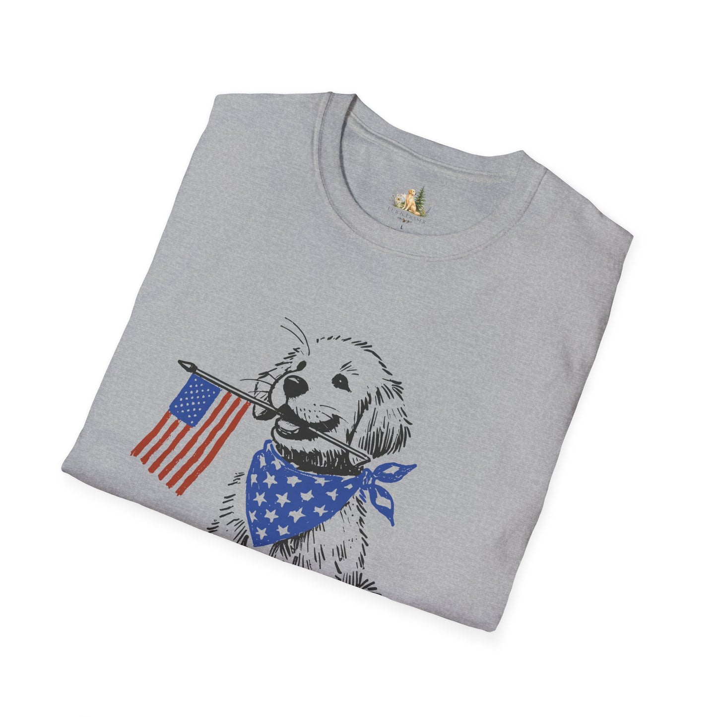 Unisex Patriotic Puppy T-Shirt — Golden Retriever with American Flag Bandana (Light Weight, Ultra Soft Tee)