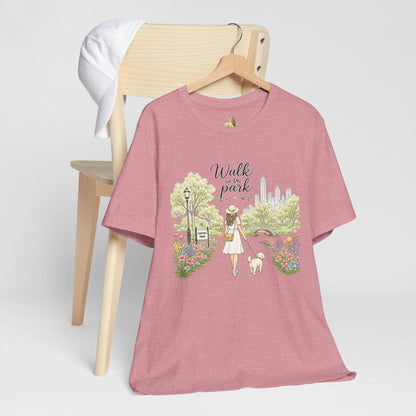 Walk in the Park T-Shirt | Woman Walking Dog Park Illustration