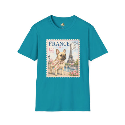 French Bulldog Postage Stamp T-Shirt | Eiffel Tower Paris Design (Light Weight, Ultra Soft Tee)