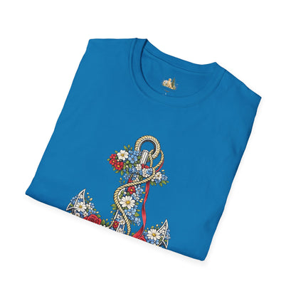Floral Anchor Illustration T-Shirt Nautical Anchor with Roses (Light Weight, Ultra Soft T-Shirt)