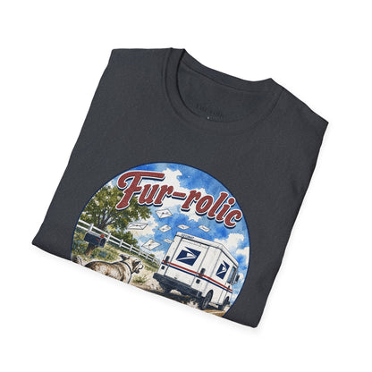 Fur-rolic T-Shirt — Postal Mail Truck & Playful Dogs Retro Graphic Tee (Light Weight Ultra Soft Tee)