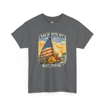 Unisex Sailin' With My Best Friend T-Shirt - Dog & American Flag Sailing Crew Tee (Light Weight, Ultra Soft Cotton)