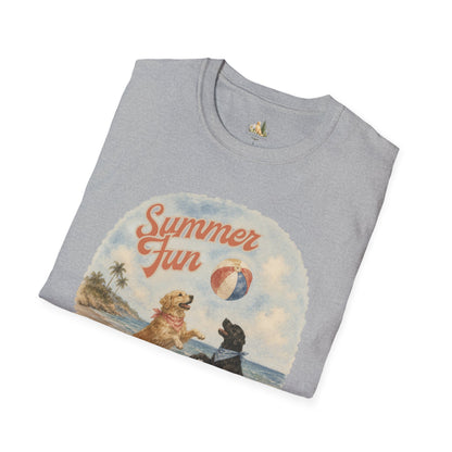 Summer Fun Dogs T-Shirt — Retro Beach Puppies Playing with Beach Ball (Light Weight, Ultra Soft Tee)