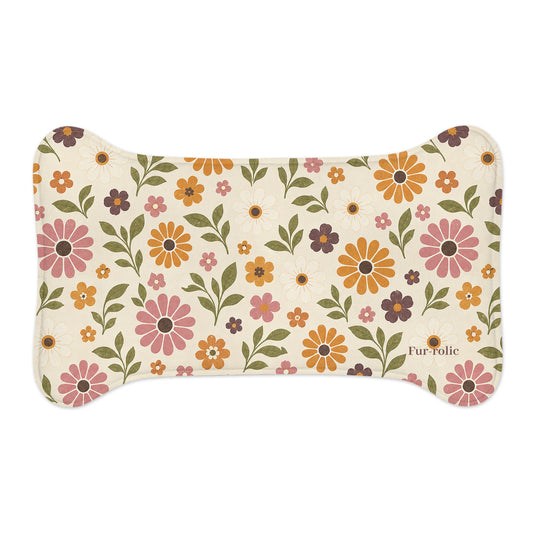 Floral Retro Dog Bone Feeding Mat — Non-Slip Pet Bowl Placemat