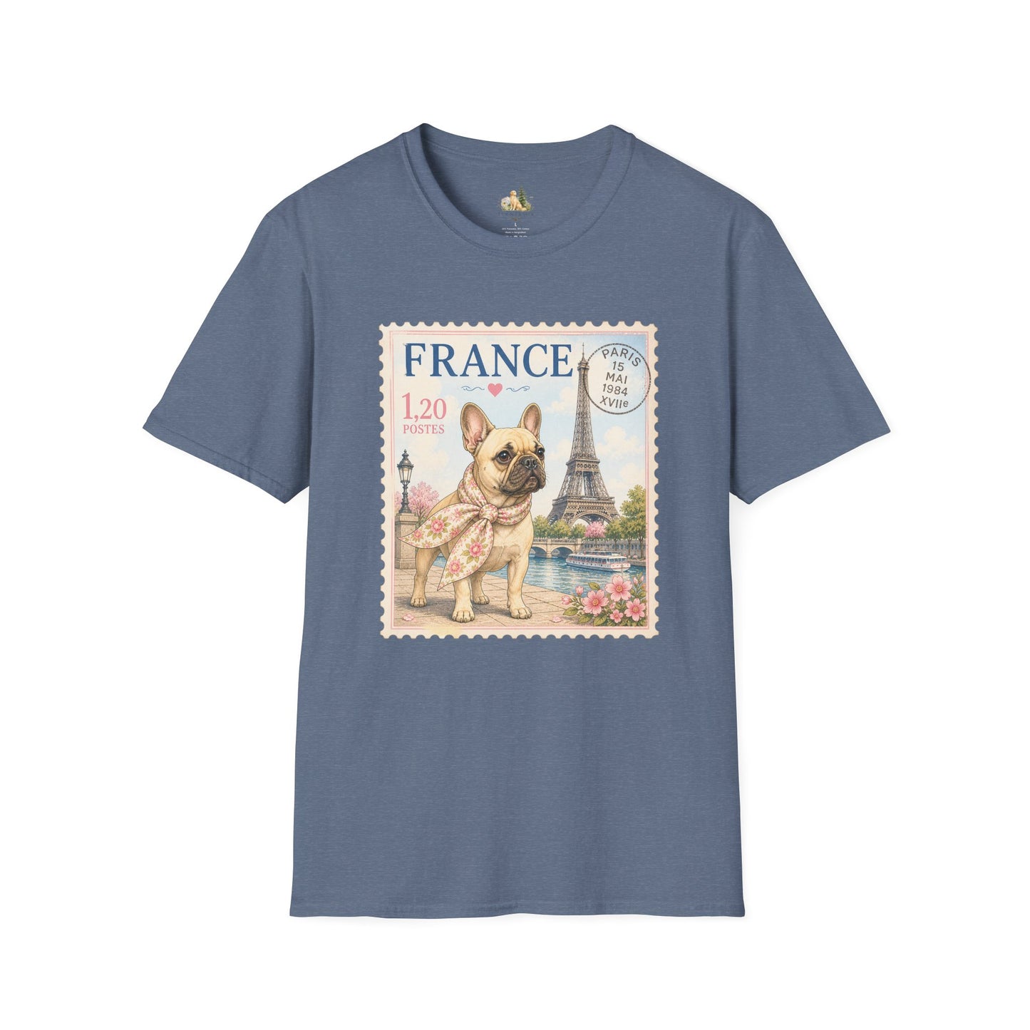 French Bulldog Postage Stamp T-Shirt | Eiffel Tower Paris Design (Light Weight, Ultra Soft Tee)