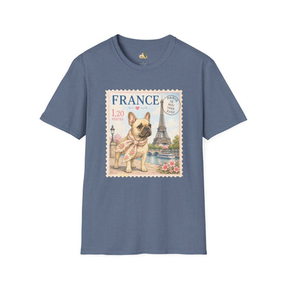 French Bulldog Postage Stamp T-Shirt | Eiffel Tower Paris Design (Light Weight, Ultra Soft Tee)