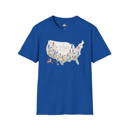 Unisex 250 Years USA Floral Map T-Shirt — Patriotic Anniversary Graphic Tee (Light weight Ulta Soft T-Shirt)