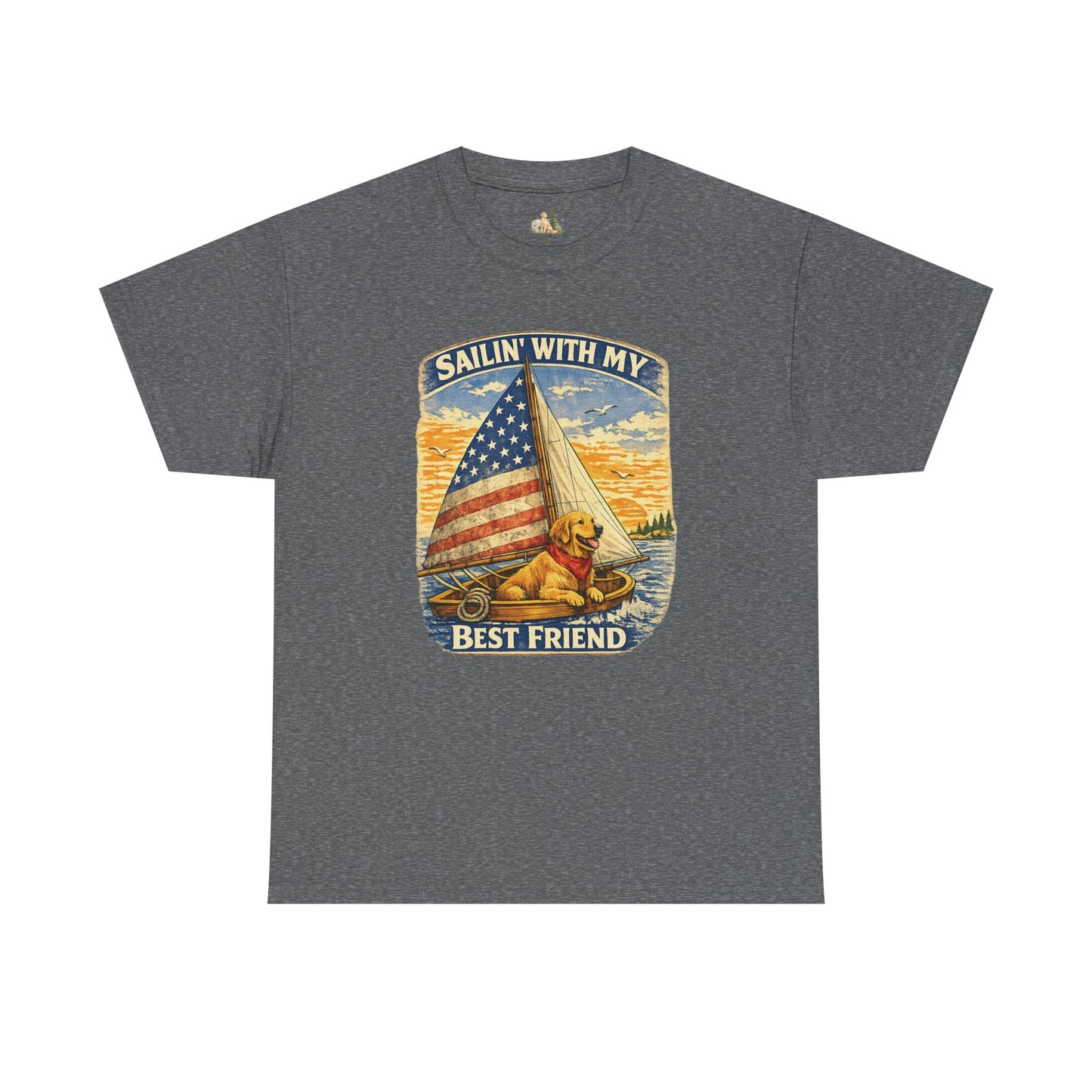 Unisex Sailin' With My Best Friend T-Shirt - Dog & American Flag Sailing Crew Tee (Light Weight, Ultra Soft Cotton)