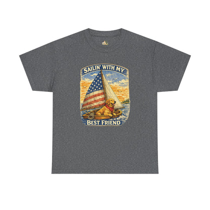 Unisex Sailin' With My Best Friend T-Shirt - Dog & American Flag Sailing Crew Tee (Light Weight, Ultra Soft Cotton)
